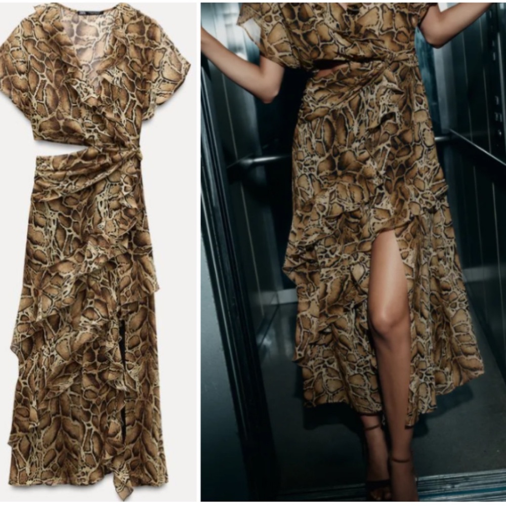 Zara Brown and Black Flutter Sleeve Sundress